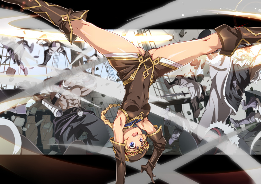 1girl :d abs armpits ass blonde_hair blue_eyes boots braid breasts brown_gloves elbow_gloves freyja_wion gloves helmet highres kicking long_hair nyoronyoro open_mouth smile solo_focus teeth thigh-highs thigh_boots topless upside-down valkyrie_profile_anatomia