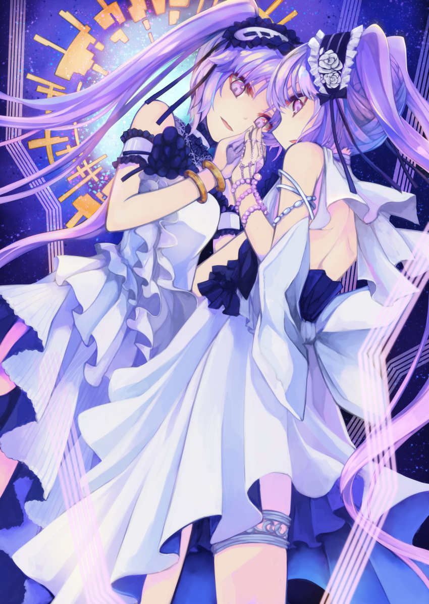 2girls :d absurdres bangle bangs bare_shoulders bow bracelet commentary_request dress dutch_angle euryale eyebrows_visible_through_hair fate/grand_order fate/hollow_ataraxia fate_(series) frills hairband hands_together highres jewelry lolita_hairband long_hair looking_at_viewer multiple_girls open_mouth otogi_kyouka purple_hair sleeveless sleeveless_dress smile stheno twintails very_long_hair violet_eyes white_bow white_dress