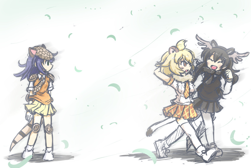 3girls afterimage animal_ears antlers armadillo_ears armadillo_tail armor blonde_hair blue_hair blush brown_hair chibi_inset closed_eyes closed_mouth deerstalker elbow_pads giant_armadillo_(kemono_friends) hat highres kemono_friends knee_pads lion_(kemono_friends) lion_ears lion_tail long_hair moose_(kemono_friends) moose_ears multiple_girls necktie open_eyes open_mouth pleated_skirt scarf sekiguchi_miiru skirt sweater sweater_vest tail thigh-highs vest