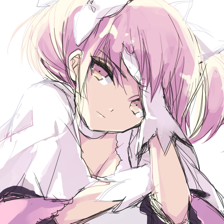 absurdres bangs bent_elbows bow commentary_request eyebrows_visible_through_hair gloves goddess_madoka hair_bow hand_on_head highres kaname_madoka mahou_shoujo_madoka_magica misteor pink_eyes pink_hair pink_shirt shirt short_hair sketch white_background white_bow white_gloves