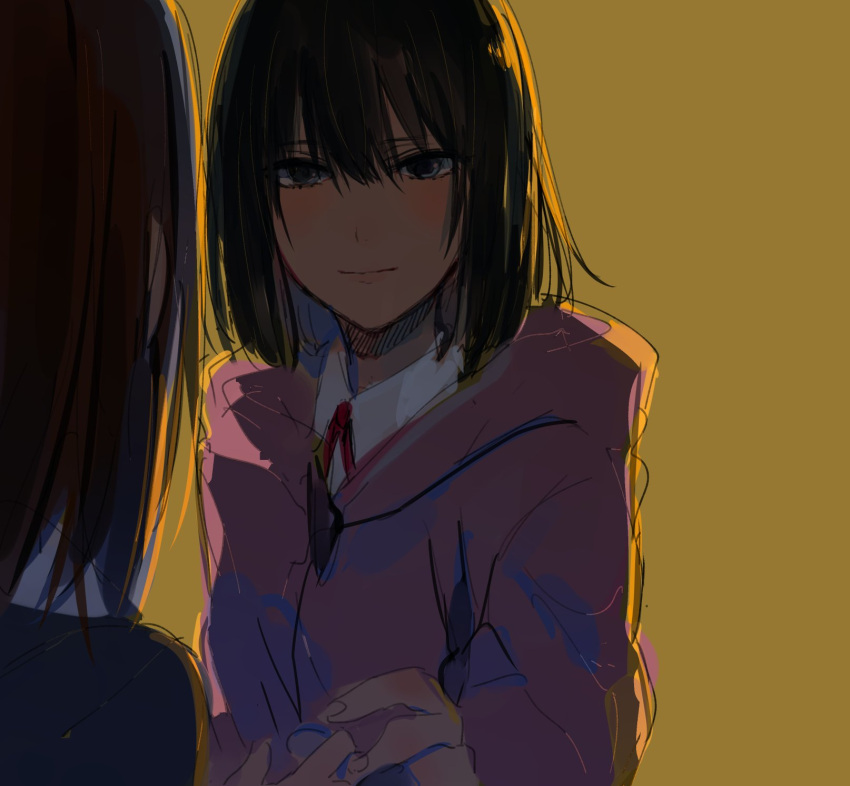 2girls blue_eyes blush bob_cut brown_hair closed_mouth collared_shirt commentary_request eye_contact fingernails highres long_sleeves looking_at_another monsieur multiple_girls neck_ribbon original red_neckwear red_ribbon ribbon shirt short_hair simple_background sketch smile wing_collar yellow_background yuri
