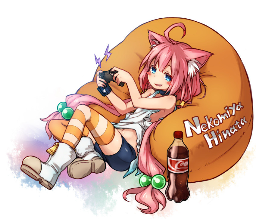 1girl :d ahoge animal_ears bangs bare_arms bare_shoulders bean_bag_chair bike_shorts black_choker black_shorts blue_eyes blush_stickers boots bottle cat_ears character_name choker cola commentary_request controller game_controller hair_between_eyes hair_bobbles hair_ornament hinata_channel holding kazana_(sakuto) lightning_bolt long_hair low_twintails mismatched_legwear navel nekomiya_hinata open_mouth orange_legwear pink_hair reclining shorts sidelocks smile solo striped striped_legwear tank_top thigh-highs twintails very_long_hair white_footwear white_tank_top wristband zipper_pull_tab
