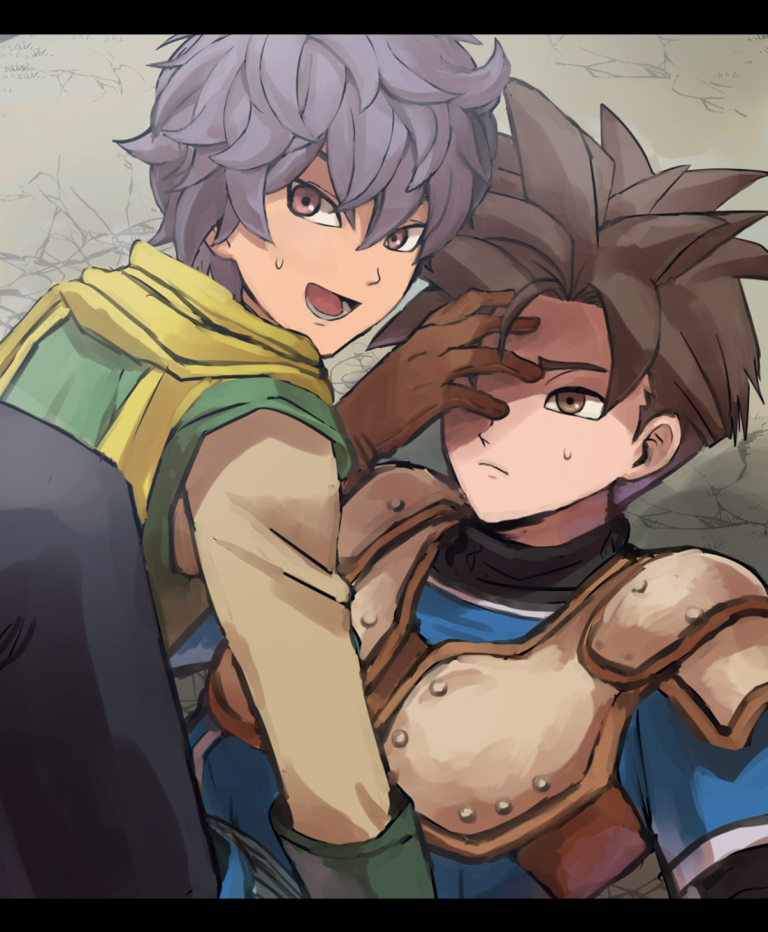 2boys akuto_(dqh) brown_eyes brown_hair dragon_quest dragon_quest_heroes dragon_quest_heroes_ii gloves highres kometubu0712 male_focus multiple_boys open_mouth purple_hair razel red_eyes teeth upper_body yaoi