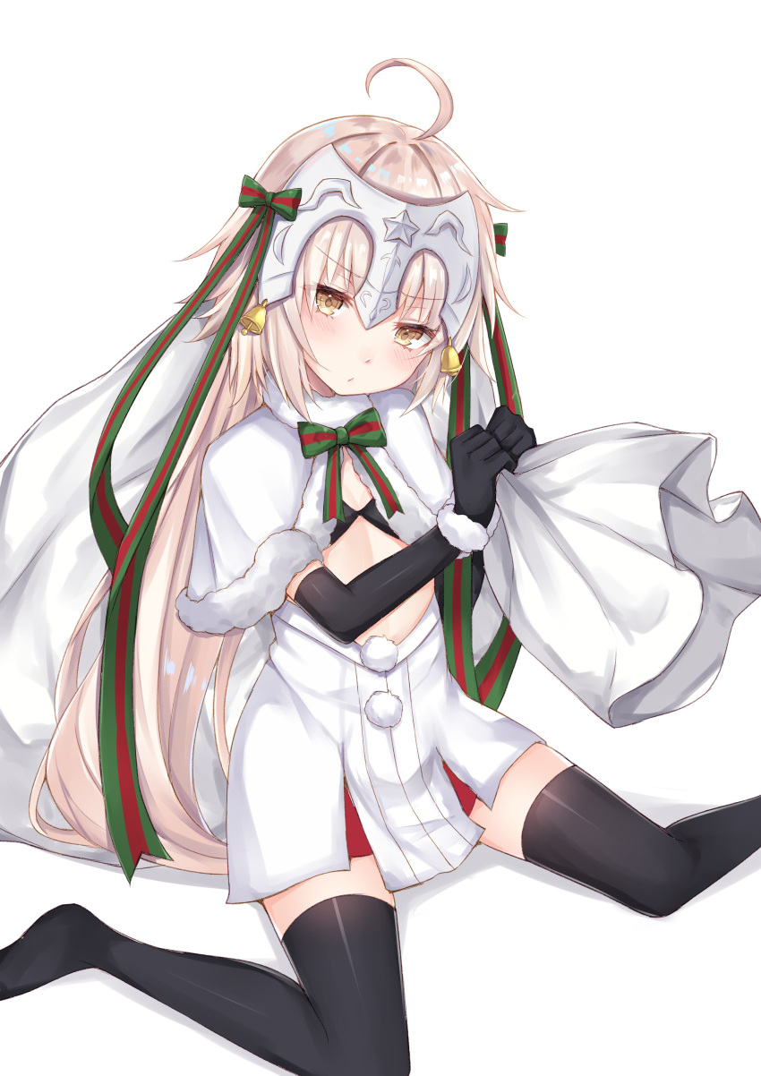1girl absurdres ahoge bangs bell black_bikini_top black_gloves black_legwear blush bow capelet closed_mouth coffeedog commentary_request elbow_gloves eyebrows_visible_through_hair fate/grand_order fate_(series) fur-trimmed_capelet fur_trim gloves green_bow green_ribbon headpiece highres jeanne_d'arc_(fate)_(all) jeanne_d'arc_alter_santa_lily light_brown_hair long_hair looking_at_viewer no_shoes ribbon sack silver simple_background solo striped striped_bow striped_ribbon thigh-highs white_background white_capelet yellow_eyes