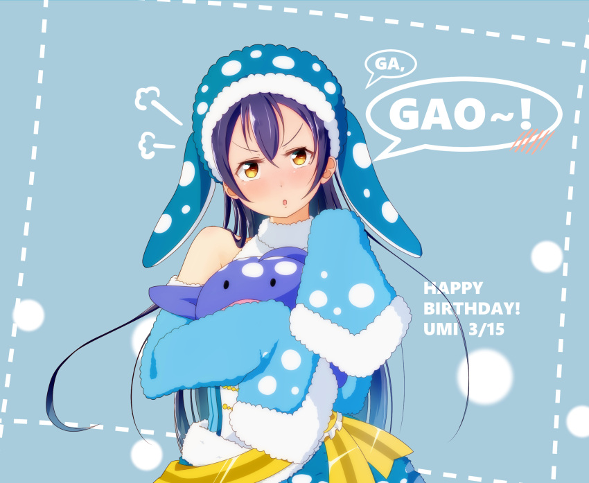 1girl animal_costume animal_hat bangs bare_shoulders birthday blue_background blue_hair blush character_name commentary_request costume dated detached_sleeves fur_trim hair_between_eyes happy_birthday hat highres holding long_hair long_sleeves looking_at_viewer love_live! love_live!_school_idol_festival love_live!_school_idol_project open_mouth simple_background solo sonoda_umi stuffed_animal stuffed_toy upper_body very_long_sleeves whale_shark yellow_eyes