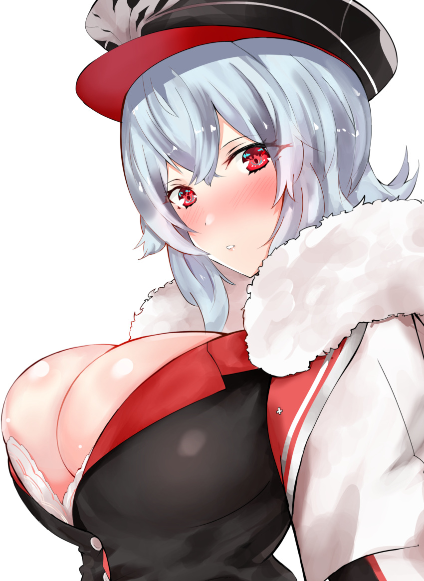 1girl azur_lane benten_(ioj3446) blush breasts buttons cleavage fur_trim graf_zeppelin_(azur_lane) hat highres large_breasts long_hair looking_at_viewer parted_lips peaked_cap red_eyes silver_hair simple_background solo white_background