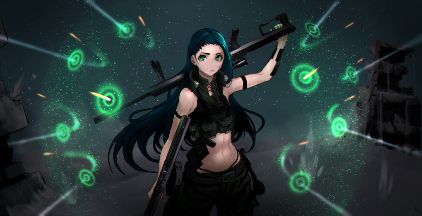 1girl abs absurdres asagon007 bare_shoulders blue_hair bullet collarbone crop_top cyborg green_eyes gun highres looking_at_viewer midriff navel original science_fiction solo stomach weapon