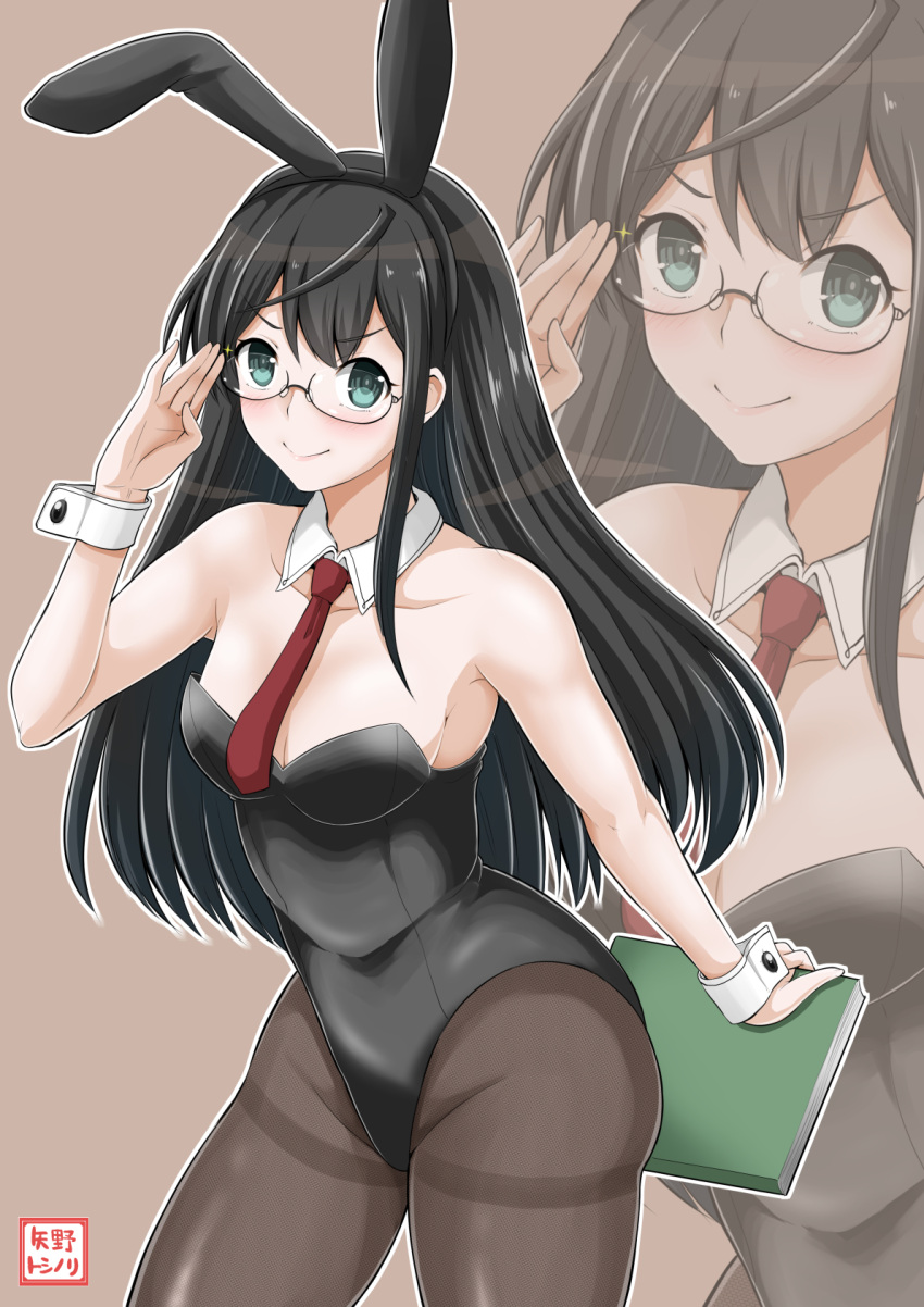 1girl adjusting_eyewear animal_ears black_hair book breasts bunnysuit cleavage commentary_request detached_collar fake_animal_ears glasses green_eyes hairband highres holding holding_book kantai_collection long_hair looking_at_viewer necktie ooyodo_(kantai_collection) pantyhose pink_background rabbit_ears smile solo wrist_cuffs yano_toshinori zoom_layer
