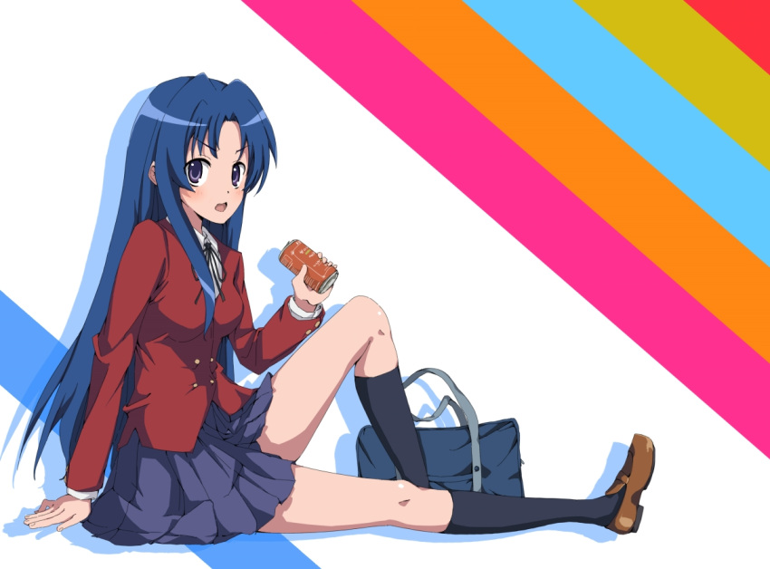 1girl :o anime_coloring bag bangs black_legwear black_neckwear black_ribbon blazer blue_hair blush breasts brown_footwear can duffel_bag eclair_(ekreatan) eyebrows_visible_through_hair from_side full_body holding jacket kawashima_ami knee_up kneehighs loafers long_hair long_sleeves looking_at_viewer looking_to_the_side medium_breasts medium_skirt multicolored multicolored_background neck_ribbon oohashi_high_school_uniform open_mouth parted_bangs pleated_skirt purple_skirt red_jacket ribbon school_bag shoes sitting skirt soda_can solo straight_hair tail toradora! very_long_hair violet_eyes wing_collar