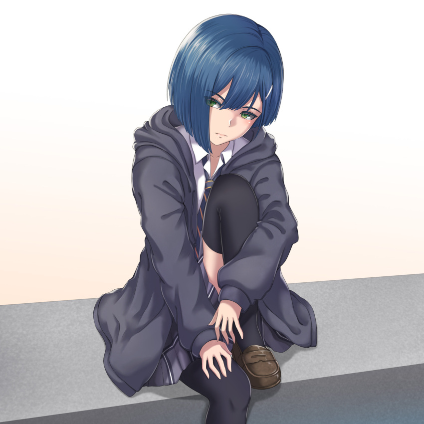 1girl black_legwear blue_hair brown_footwear closed_mouth coat darling_in_the_franxx eyes_visible_through_hair green_eyes highres hooded_coat ichigo_(darling_in_the_franxx) loafers looking_at_viewer necktie open_clothes open_coat pleated_skirt school_uniform shoes short_hair skirt solo thigh-highs yuki7128