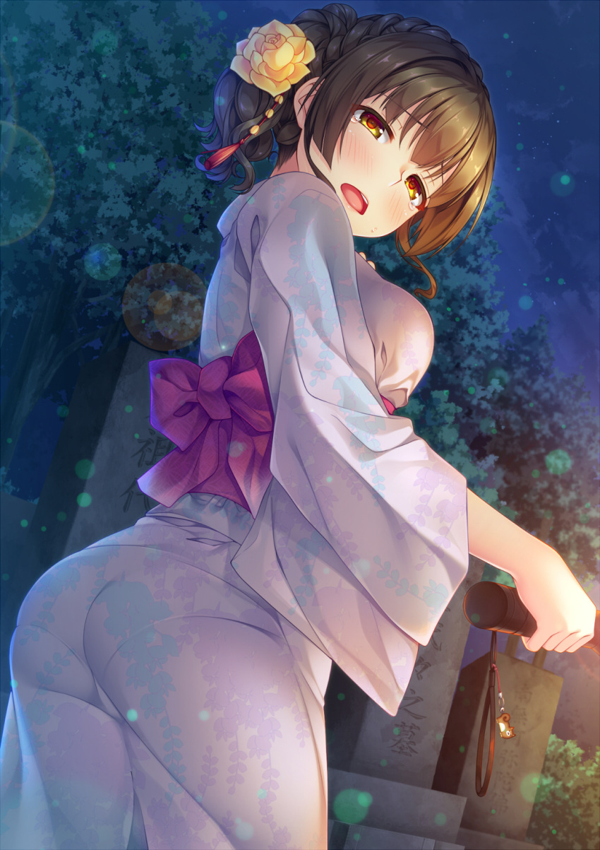 1girl ass back bangs blue_kimono blush braid breasts brown_eyes brown_hair commentary_request cowboy_shot crown_braid eyebrows_visible_through_hair fan flower from_behind graveyard hair_flower hair_ornament hand_on_own_chest highres holding imachireki japanese_clothes kimono light_particles looking_at_viewer looking_back medium_breasts night night_sky obi open_mouth original outdoors paper_fan sash short_hair side_ponytail sky solo standing tassel tearing_up tears tree upper_teeth yellow_eyes yellow_flower yukata