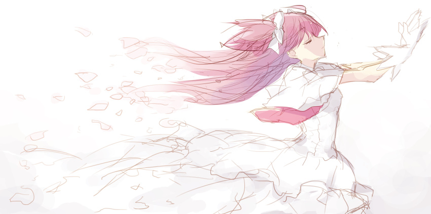 absurdres bangs closed_eyes closed_mouth commentary_request dress from_side goddess_madoka hair_ribbon highres kaname_madoka long_hair mahou_shoujo_madoka_magica misteor outstretched_arms redhead ribbon short_sleeves sketch white_background white_dress white_ribbon