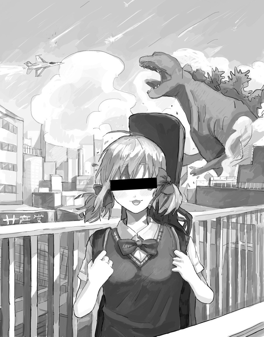 1girl :3 absurdres ahoge aircraft airplane aruko_okara bar_censor blush bow bowtie censored city collared_shirt commentary_request covered_eyes crossover destruction dust_cloud facing_viewer fighter_jet floating_hair godzilla godzilla_(series) greyscale guitar_case hair_bow highres identity_censor instrument_case instrument_on_back jet low_twintails military_vehicle monochrome multiple_hair_bows open_mouth outdoors railing school_uniform shirt short_sleeves short_twintails solo sweater_vest tokumei_radio twintails upper_body virtual_youtuber wai_(aya-hsn-149) wind