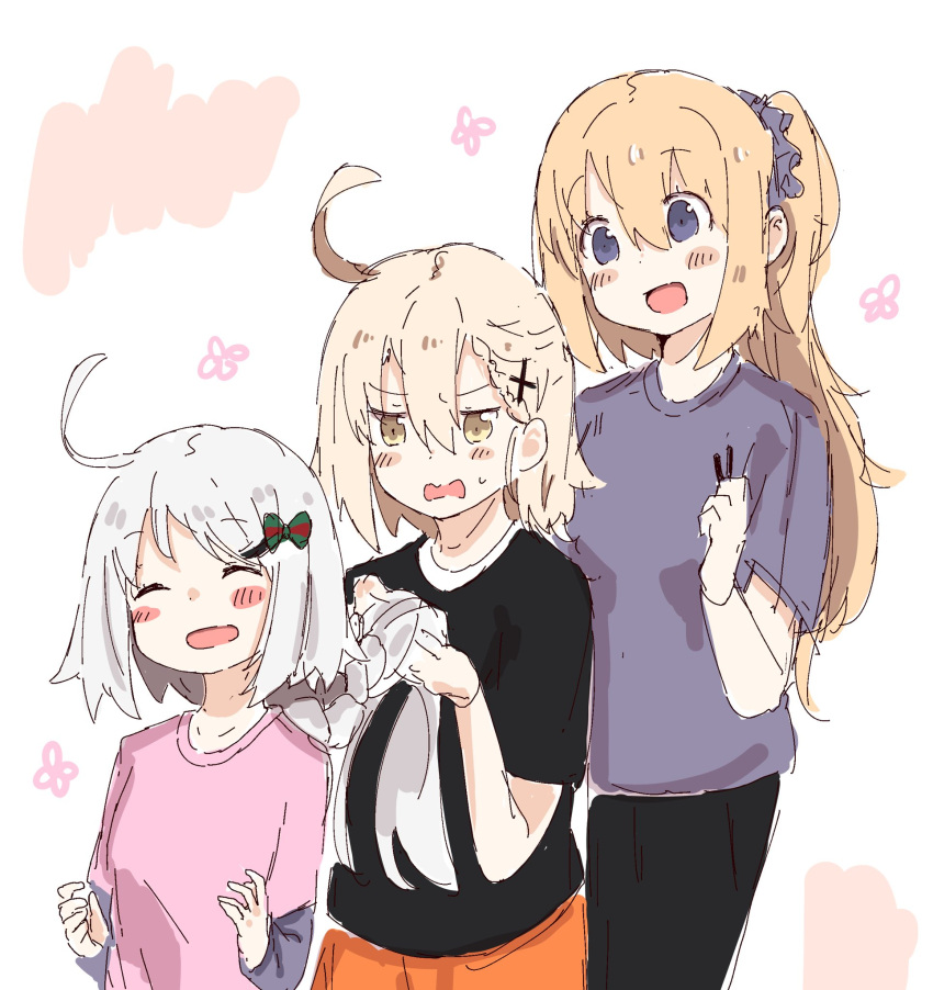 3girls alternate_hairstyle black_shirt blonde_hair blue_eyes blush bow braid braiding_hair commentary_request fate/grand_order fate_(series) flower grey_hair grey_shirt hair_bow hair_ornament hair_scrunchie hairdressing highres jeanne_d'arc_(alter)_(fate) jeanne_d'arc_(fate) jeanne_d'arc_(fate)_(all) jeanne_d'arc_alter_santa_lily long_sleeves multiple_girls open_mouth pink_shirt ponytail ranf scrunchie shirt short_hair short_sleeves single_braid sketch yellow_eyes