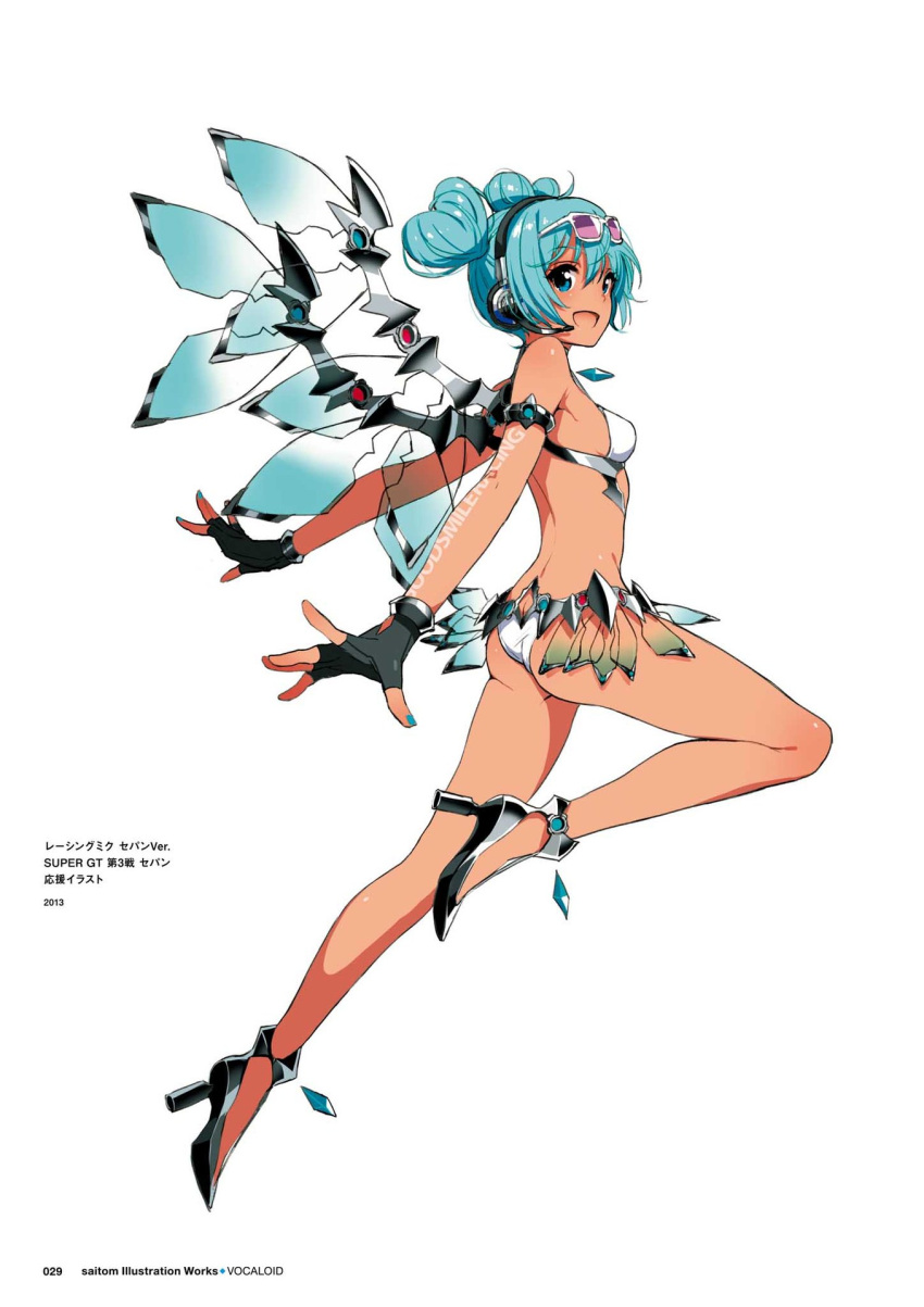 1girl :d aqua_eyes aqua_hair bikini body_writing double_bun eyewear_on_head fingerless_gloves full_body gloves goodsmile_company goodsmile_racing hatsune_miku headphones headset high_heels highres long_hair looking_at_viewer mechanical_wings open_mouth outstretched_arms racequeen racing_miku racing_miku_(2013) saitou_masatsugu shoes simple_background smile solo spread_arms sun_tattoo sunglasses swimsuit tan tanline transparent underwear vocaloid white_background wings