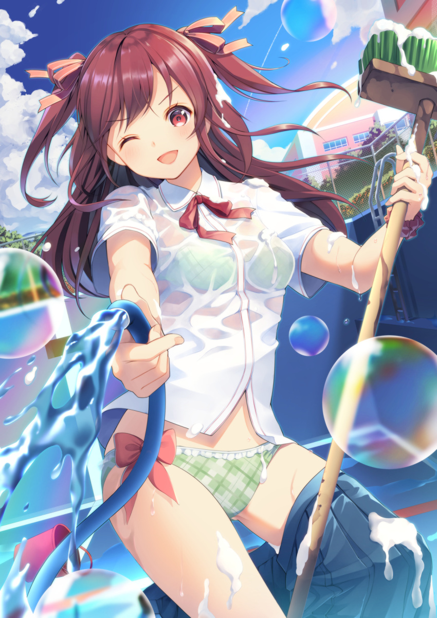 1girl ;d bikini bikini_under_clothes black_skirt blue_sky broom bubble bucket chain-link_fence clouds collared_shirt day empty_pool fence frilled_bikini frills gluteal_fold green_bikini hair_ribbon highres holding holding_broom hose long_hair looking_at_viewer moe2018 one_eye_closed open_mouth original outdoors plaid plaid_bikini pool pool_ladder red_eyes red_ribbon ribbon see-through shirt short_sleeves skirt skirt_pull sky smile soap_bubbles splashing standing sunlight swimsuit thighs two_side_up v-shaped_eyebrows water wet wet_clothes wet_shirt white_shirt yoshino_ryou