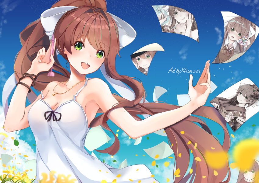 1girl :d ;q arrow bare_arms bare_shoulders blank_eyes blue_sky blurry blurry_foreground blush bow box breasts brown_hair cherry cleavage day depth_of_field doki_doki_literature_club dress flower food fruit gift gift_box green_eyes hair_bow hair_flower hair_ornament hamaya heart-shaped_box high_ponytail highres holding holding_gift holding_pen holding_spoon ice_cream japanese_clothes jewelry kimono long_hair looking_at_viewer medium_breasts monika_(doki_doki_literature_club) necklace one_eye_closed open_mouth outdoors pen pendant petals photo_(object) rose round_teeth school_uniform sky sleeveless sleeveless_dress smile solo strap_slip sundae sundress tareme teeth tongue tongue_out upper_teeth very_long_hair white_bow wind wing_collar wristband xhunzei yellow_flower