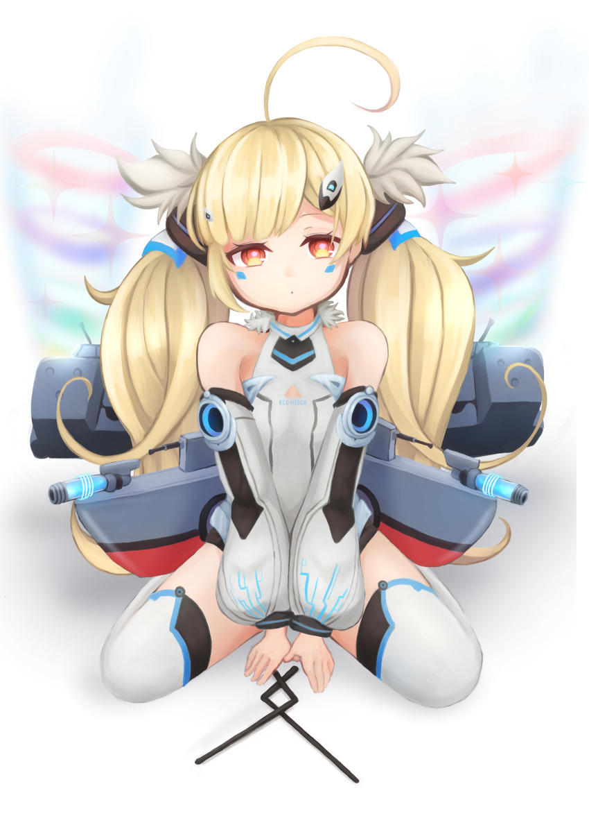 1girl :o absurdres ahoge azur_lane bangs between_legs blonde_hair breasts brown_eyes cannon character_name commentary_request detached_sleeves dowsing_rod dress eldridge_(azur_lane) facial_hair full_body hair_ornament hand_between_legs head_tilt highres long_hair long_sleeves parted_lips puffy_long_sleeves puffy_sleeves sato_(r017xts117) sidelocks sitting small_breasts solo sparkle thigh-highs twintails very_long_hair wariza white_dress white_legwear