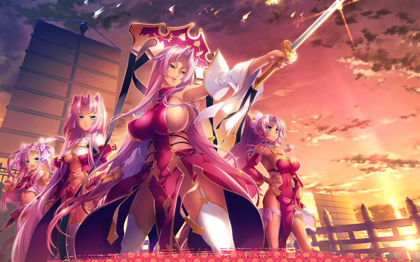 4girls arm_up armpits blue_eyes breasts center_opening china_dress chinese_clothes cleavage clenched_hands clouds covered_navel crop_top dark_skin detached_sleeves dress dusk facial_mark fang forehead_mark hair_intakes hair_ornament hairclip hands_on_hips hat highres hikage_eiji jewelry koihime_musou large_breasts long_hair mature medium_breasts midriff miniskirt mother_and_daughter multiple_girls nail_polish navel necklace no_panties official_art open_mouth outdoors outstretched_arm pelvic_curtain pink_hair pink_shirt pink_skirt ponytail red_dress ribbon sheath shirt siblings sideboob sisters skirt sky smile sonken sonken_bundai sonsaku sonshoukou sun sunset sword thigh-highs thigh_ribbon twintails very_long_hair weapon white_legwear