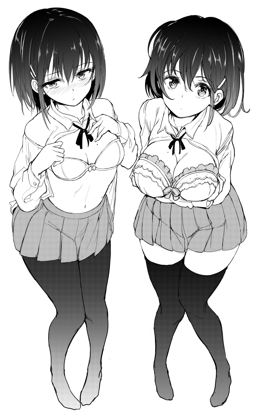 2girls absurdres blush bra breasts cleavage hair_ornament hairclip highres kyokucho looking_at_viewer mole mole_on_breast monochrome multiple_girls navel open_clothes open_shirt original pantyhose pleated_skirt short_hair simple_background skirt take_your_pick thigh-highs underwear white_background
