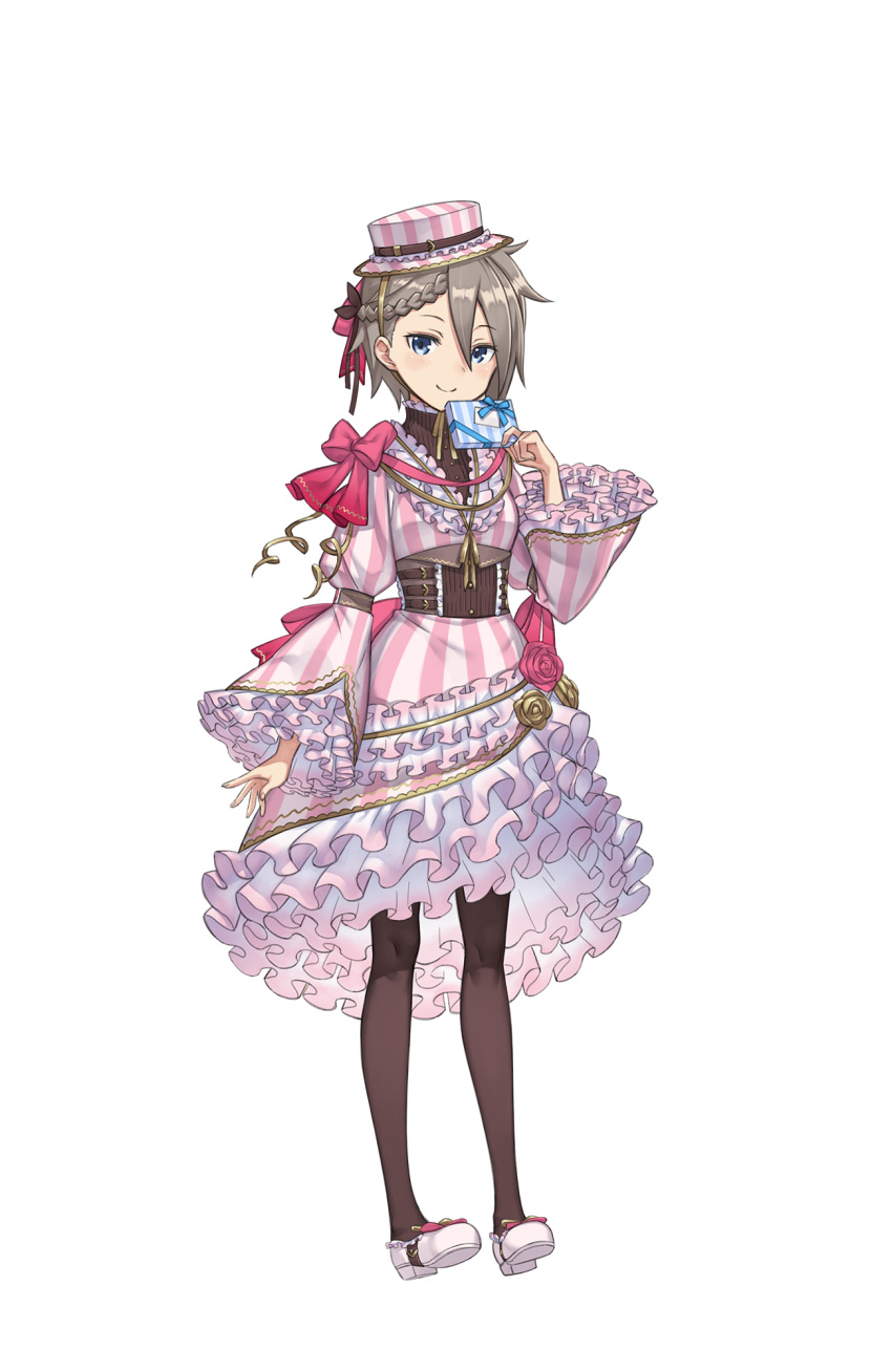 1girl ange_(princess_principal) asymmetrical_hair black_legwear blue_eyes bow braid dress full_body gift grey_hair hat hat_belt highres looking_at_viewer official_art pantyhose pink_bow pink_dress pink_hat princess_principal princess_principal_game_of_mission solo standing striped striped_dress striped_hat white_footwear