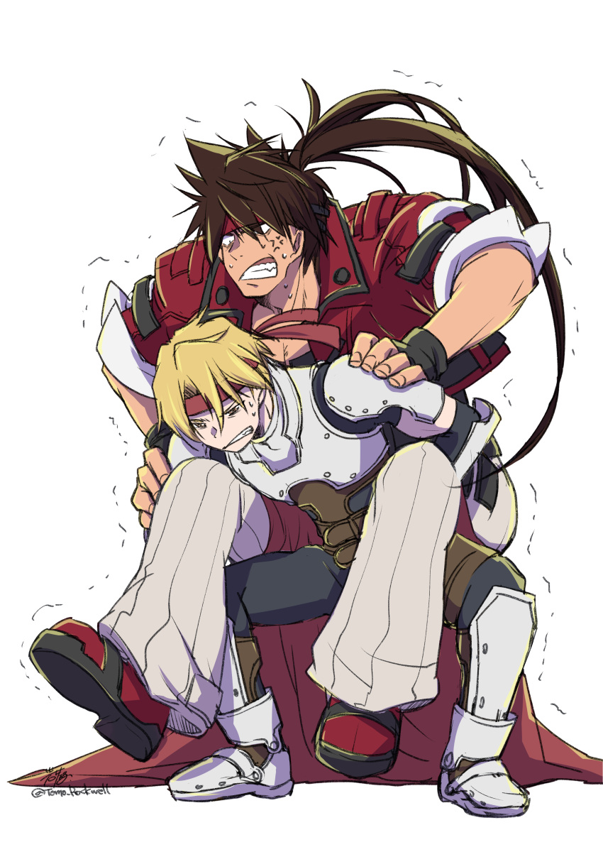 2boys absurdres anger_vein angry armor blonde_hair brown_hair cape carrying cress_albane crossover fingerless_gloves gloves guilty_gear guilty_gear_strive headband highres jacket long_hair male_focus marzo-moko multiple_boys piggyback ponytail short_hair sol_badguy sweatdrop tales_of_(series) tales_of_phantasia