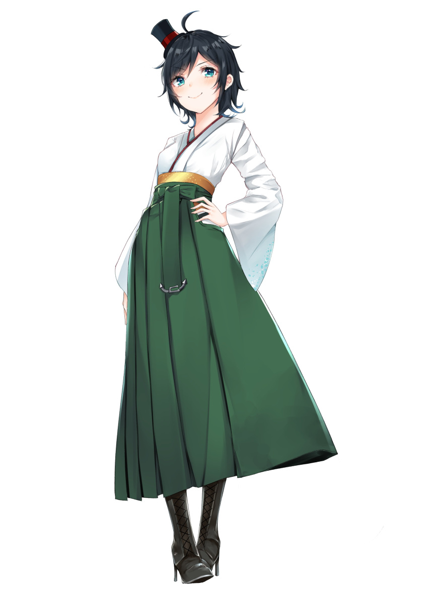 1girl absurdres ahoge bangs black_hair boots coffeedog commentary_request eyebrows_visible_through_hair full_body green_eyes hakama hand_on_hip hat high_heel_boots high_heels highres japanese_clothes kantai_collection kimono matsukaze_(kantai_collection) meiji_schoolgirl_uniform mini_hat mini_top_hat short_hair simple_background smile solo standing top_hat white_background