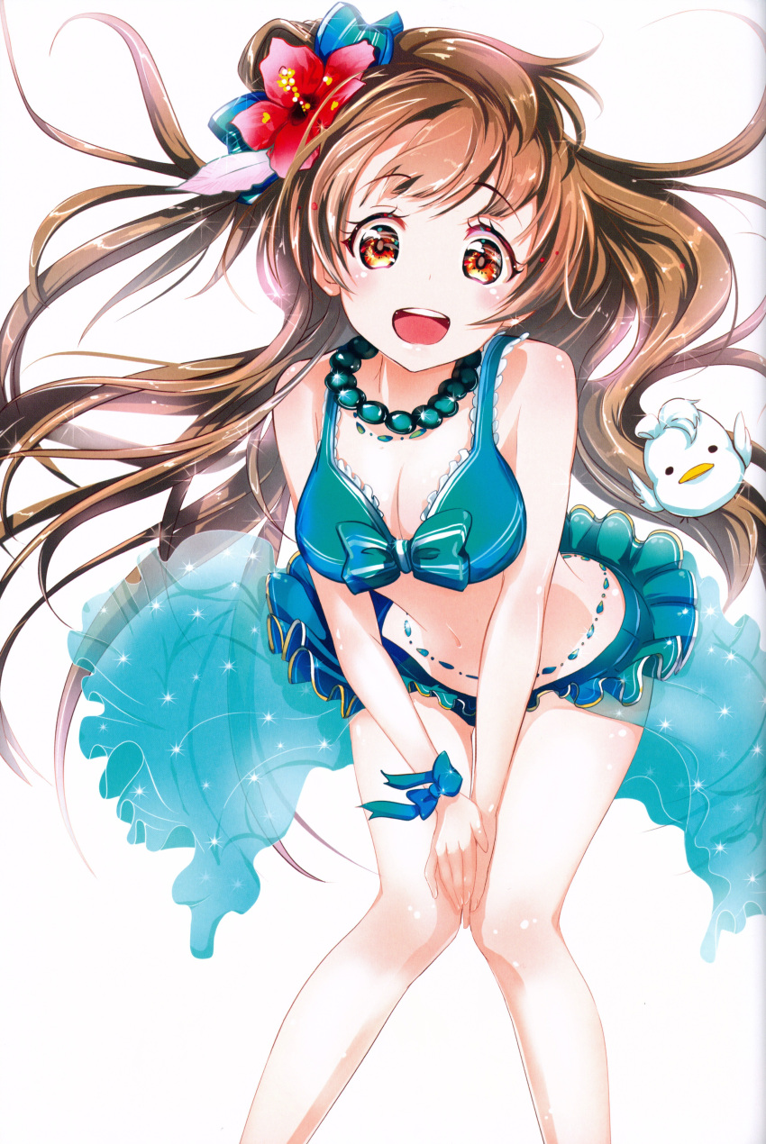 1girl :d absurdres bikini bikini_skirt bird blue_bow bow breasts brown_eyes brown_hair cleavage eyebrows_visible_through_hair floating_hair flower green_bikini hair_flower hair_ornament hibiscus highres jewelry keepout leaning_forward long_hair looking_at_viewer love_live! medium_breasts minami_kotori navel necklace open_mouth red_flower shiny shiny_skin simple_background smile solo swimsuit very_long_hair white_background wrist_bow