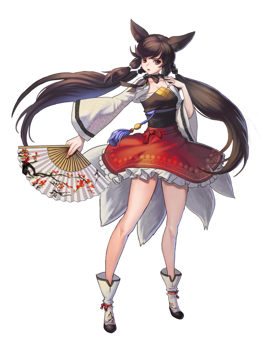 1girl absurdres animal_ears bangs black_hair black_ribbon collarbone fan fang folding_fan fox_ears fox_tail frilled_skirt frills full_body hanbok highres kkung korean_clothes long_hair long_sleeves looking_at_viewer multiple_tails neck_ribbon open_mouth quad_tails red_eyes red_skirt ribbon sarashi shrug_(clothing) simple_background skirt solo standing swept_bangs tail very_long_hair white_background wide_sleeves