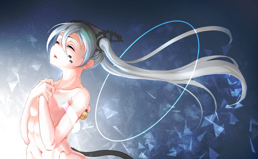 1girl abs absurdres asagon007 closed_eyes cyborg grey_hair highres muscle muscular_female nude original solo twintails