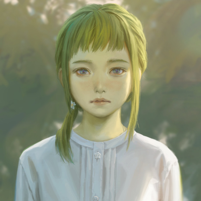 1girl blouse blurry blurry_background blush closed_mouth commentary_request depth_of_field flower green_hair hair_flower hair_ornament highres lips looking_at_viewer medium_hair original solo tunapon01 violet_eyes