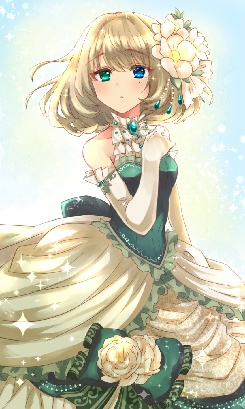 1girl bare_shoulders blue_eyes blush brown_hair collarbone dress elbow_gloves eyebrows_visible_through_hair flower gloves green_eyes hair_flower hair_ornament heterochromia highres idolmaster idolmaster_cinderella_girls idolmaster_cinderella_girls_starlight_stage looking_at_viewer mole mole_under_eye mugi_(user_khzh5853) parted_lips solo sparkle takagaki_kaede white_gloves