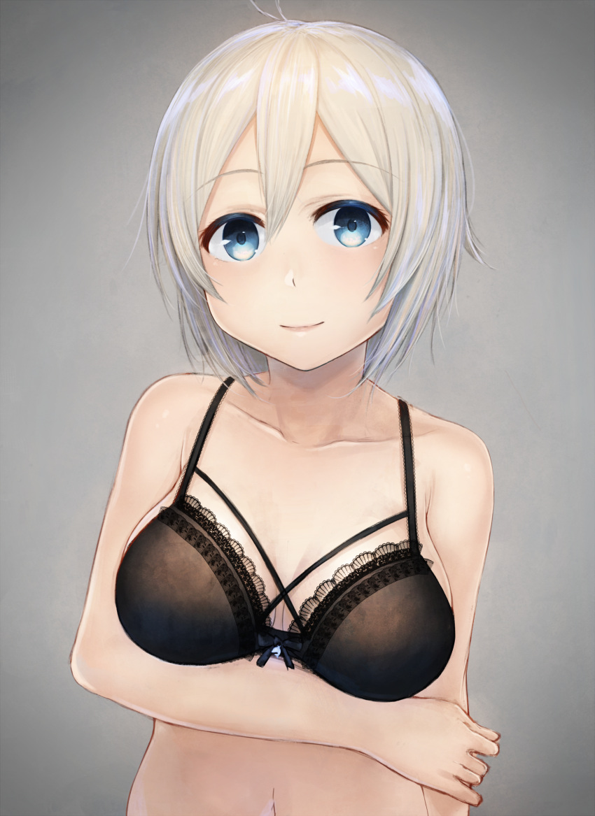 1girl absurdres akky_(akimi1127) bangs bare_arms bare_shoulders black_bra blue_eyes blush bra breast_hold breasts cleavage closed_mouth collarbone commentary_request dennou_shoujo_youtuber_shiro eyebrows_visible_through_hair grey_background hair_between_eyes highres looking_at_viewer medium_breasts navel shiro_(dennou_shoujo_youtuber_shiro) silver_hair simple_background smile solo underwear underwear_only upper_body