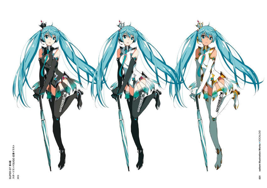 1girl artist_name bangs eyebrows_visible_through_hair full_body green_hair hatsune_miku highres long_hair official_art page_number racing_miku saitou_masatsugu simple_background twintails vocaloid white_background