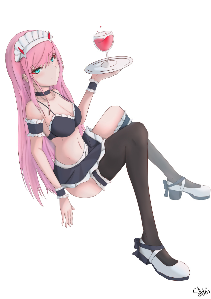 1girl absurdres alcohol asymmetrical_legwear bare_shoulders breasts closed_mouth darling_in_the_franxx eyebrows_visible_through_hair green_eyes highres horns ichikawayan large_breasts long_hair looking_at_viewer maid pink_hair simple_background skirt smile solo thigh-highs tray white_background wine zero_two_(darling_in_the_franxx)