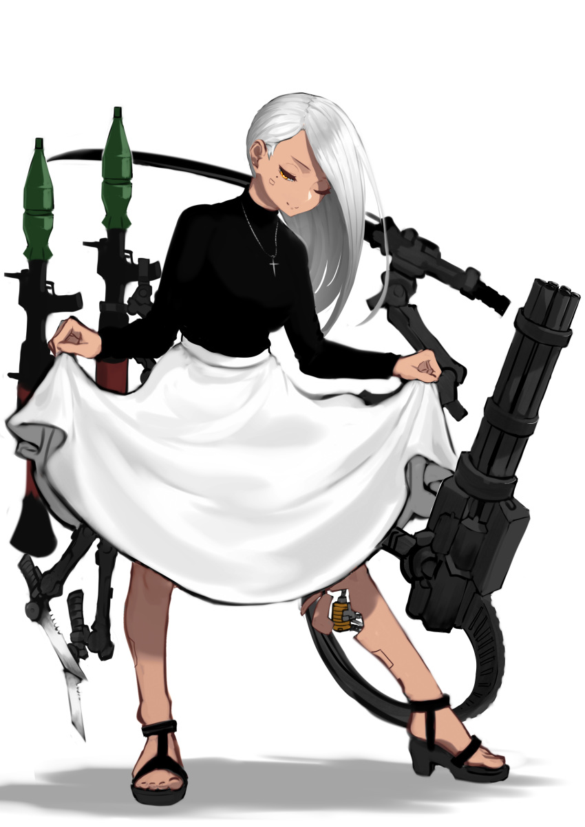 1girl absurdres asagon007 cyborg dark_skin gatling_gun gun highres katana long_hair minigun one_eye_closed original rocket_launcher rpg rpg-7 skirt smile solo sword tan weapon white_hair yellow_eyes