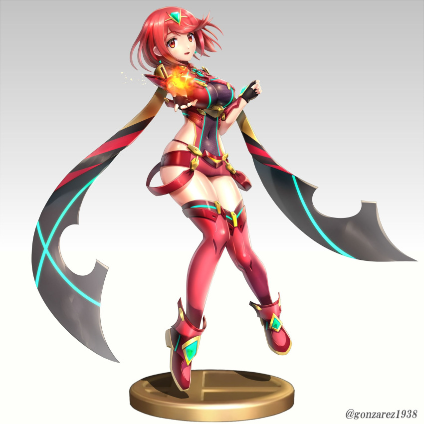 1girl breasts earrings fingerless_gloves fire full_body gloves gonzarez hair_ornament highres pyra_(xenoblade) jewelry looking_at_viewer monolith_soft red_eyes redhead short_hair shorts sidelocks simple_background solo sora_(company) super_smash_bros. super_smash_bros._ultimate tiara trophy xenoblade xenoblade_2