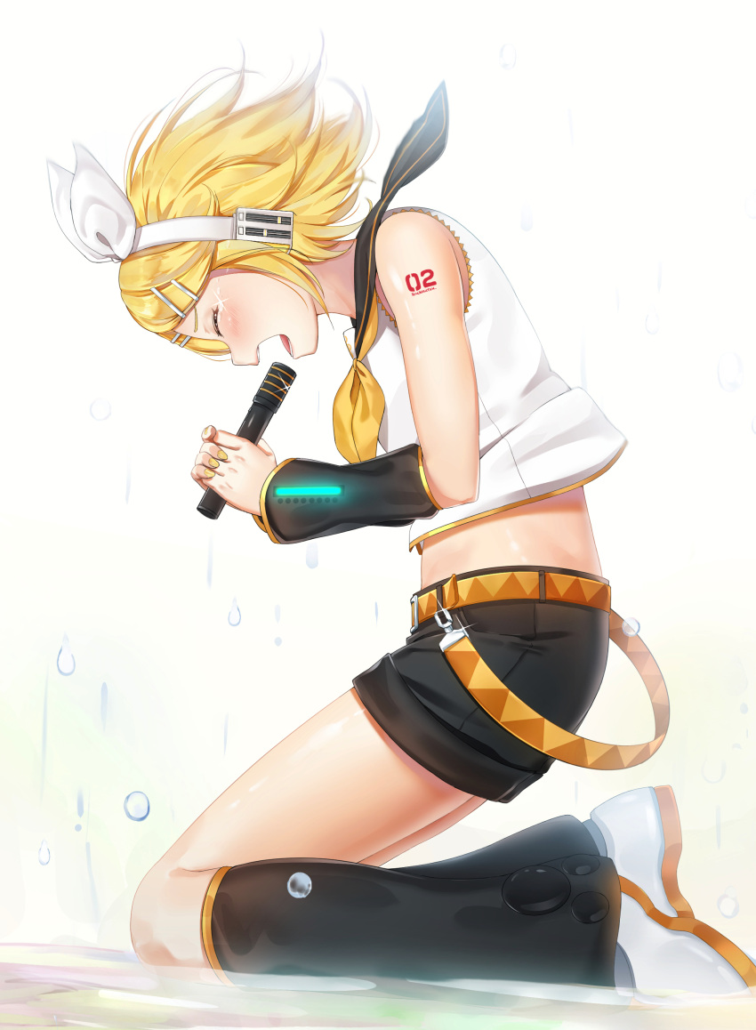 1girl absurdres artist_name black_shorts blonde_hair blush boots closed_eyes crying crying_with_eyes_open detached_sleeves from_side full_body glint hachinatsu hair_ribbon headphones highres holding holding_microphone kagamine_rin knee_boots kneeling microphone music nail_polish number_tattoo open_mouth ribbon shirt short_hair short_sleeves shorts shoulder_tattoo simple_background singing sleeveless sleeveless_shirt solo tattoo tears vocaloid water_drop white_background white_ribbon white_shirt yellow_nails