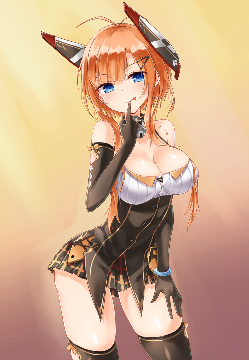 1girl :p antenna_hair azur_lane bangs bare_shoulders bell black_gloves black_legwear black_skirt blue_eyes blunt_bangs bracelet breasts buttons cleavage closed_mouth collar collarbone cowboy_shot elbow_gloves eyebrows_visible_through_hair finger_to_mouth foxhound_(azur_lane) gloves gradient gradient_background hair_ornament hairclip hand_on_own_thigh head_tilt headgear highres jewelry jingle_bell large_breasts leaning_forward miniskirt multicolored multicolored_background oshishio plaid plaid_skirt pleated_skirt shiny shiny_hair short_hair_with_long_locks sidelocks skirt smile solo standing strapless thigh-highs tongue tongue_out tsurime