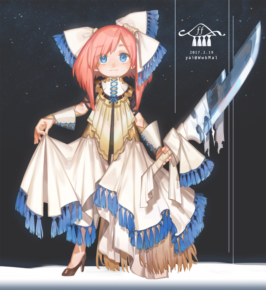 1girl bangs black_footwear blue_eyes blush bow closed_mouth commentary_request dated dress eyebrows_visible_through_hair hair_bow high_heels highres holding holding_sword holding_weapon long_hair looking_at_viewer original pink_hair skirt_hold solo standing sword twitter_username weapon white_bow white_dress yai_(hachihito)