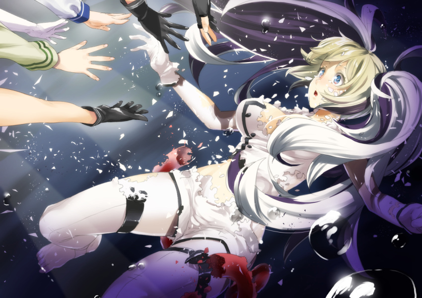 1girl air_bubble black_hair blonde_hair blue_eyes bubble commentary_request escort_water_hime full_body gambier_bay_(kantai_collection) gloves hands ifuji_shinsen kantai_collection multicolored_hair reaching solo_focus transformation white_gloves white_hair