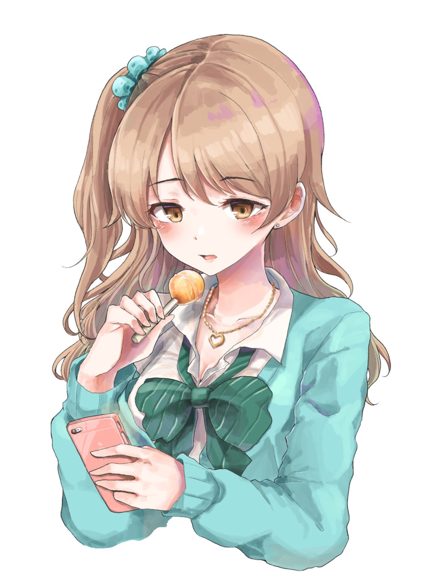 1girl :o bangs blonde_hair blush bow bowtie breasts brown_eyes candy cardigan cellphone cellphone_camera cleavage collarbone collared_shirt earrings eyebrows_visible_through_hair food green_bow green_neckwear hair_ornament hair_scrunchie heart heart_necklace highres holding holding_food holding_phone idolmaster idolmaster_cinderella_girls jewelry lollipop long_hair long_sleeves looking_at_phone medium_breasts morikubo_nono one_side_up open_cardigan open_clothes open_mouth pendant phone sak_(lemondisk) school_uniform scrunchie shirt simple_background smartphone solo stud_earrings upper_body white_background white_shirt wing_collar