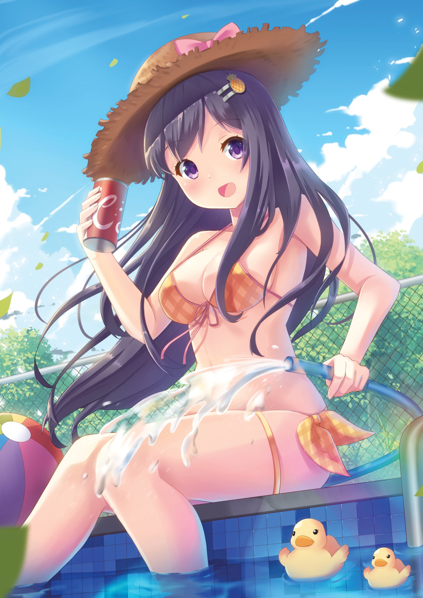1girl :d absurdres ball bangs beachball bikini black_hair blue_sky blurry blurry_foreground breasts brown_bikini can chain-link_fence cleavage clouds cola commentary_request day depth_of_field eyebrows_visible_through_hair fence food_themed_hair_ornament hair_ornament hairclip hat highres holding holding_can holding_hose holmemee hose medium_breasts moe2018 open_mouth original outdoors pineapple_hair_ornament plaid plaid_bikini pool poolside rubber_duck sitting sky smile soaking_feet solo straw_hat swimsuit violet_eyes water