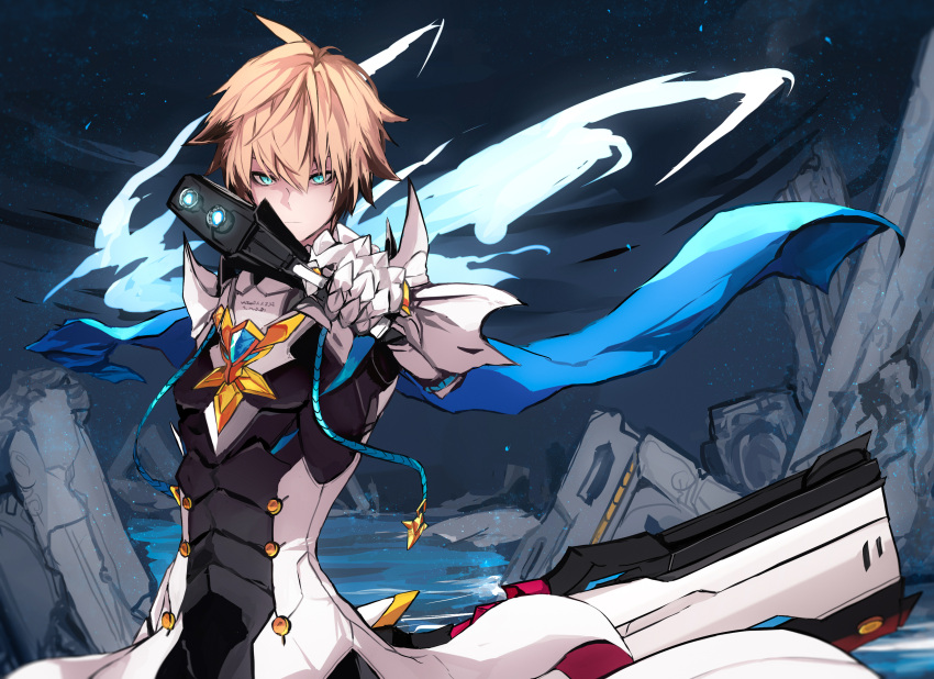 1boy absurdres armor blonde_hair blue_eyes blue_scarf brown_hair chung_seiker cowboy_shot elsword fatal_phantom_(elsword) gloves gun highres holding holding_gun holding_weapon looking_at_viewer male_focus messy_hair multicolored_hair ruins scarf serious shiliuye_feiyu solo two-tone_hair weapon