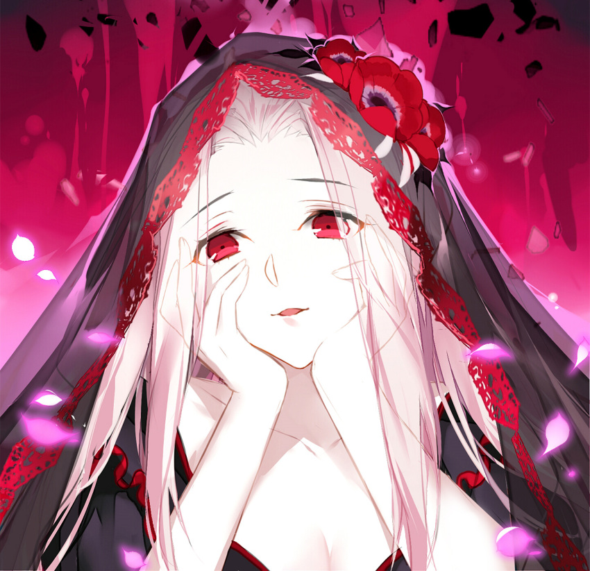1girl albino breasts cleavage collarbone eyebrows_visible_through_hair fate/zero fate_(series) flower forehead gekka_nanako glowing hands_on_own_cheeks hands_on_own_face head_tilt highres irisviel_von_einzbern looking_at_viewer medium_breasts parted_lips petals red_eyes red_flower revision smile solo upper_body veil white_hair yandere_trance