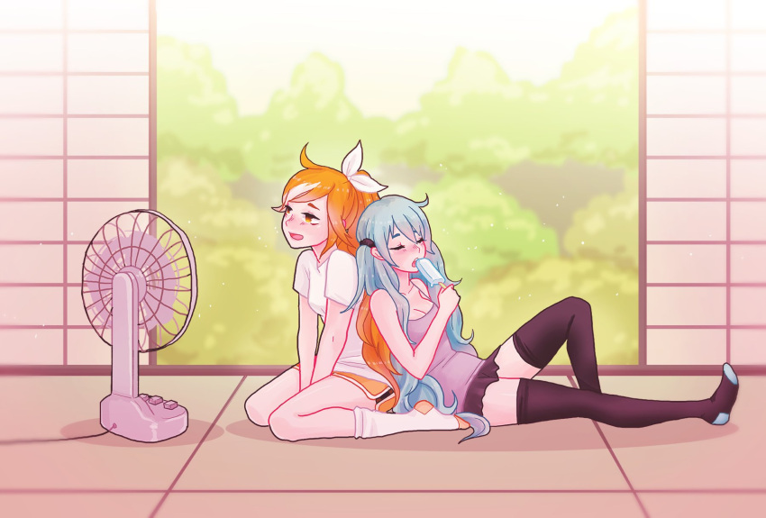 2girls :o ahoge back-to-back bangs black_legwear black_skirt blue_hair blush bow breasts bush character_request chestnut_mouth cleavage closed_eyes commentary day electric_fan fan fanning_face food from_side full_body grey_shirt hair_bow hatsune_miku highres holding hot indoors leaning_on_person leg_up long_hair miniskirt multicolored_hair multiple_girls no_pupils no_shoes nose_blush open_mouth orange_hair orange_shorts popsicle round_teeth shari_cote shirt short_sleeves shorts skirt small_breasts socks streaked_hair summer sunlight teeth thigh-highs twintails v_arms very_long_hair vocaloid white_bow white_legwear white_shirt zettai_ryouiki
