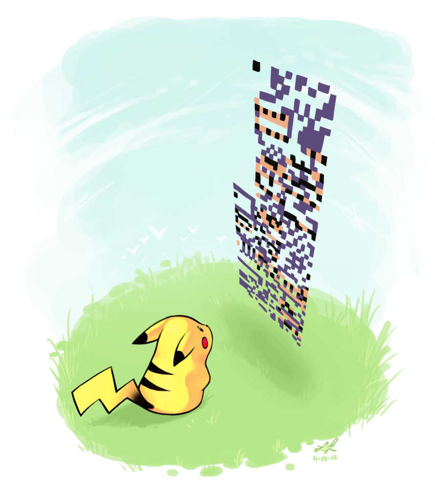 bird black_eyes blue_sky blush_stickers commentary creature dated eye_contact fisheye grass highres looking_at_another looking_up missingno. pikachu pokemon pokemon_(creature) pokemon_(game) pokemon_rgby rock-bomber shadow signature sky tail