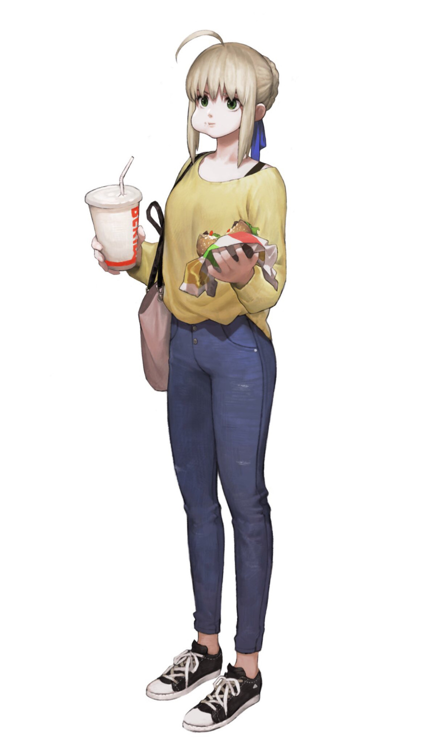 1girl ahoge arms_up artoria_pendragon_(all) bag bangs black_footwear blonde_hair blue_pants blue_ribbon casual cheek_bulge chewing closed_mouth commentary denim drinking_cup drinking_straw fate/stay_night fate_(series) food full_body green_eyes hair_bun hair_ribbon hamburger handbag highres holding holding_food jeans jun_(seojh1029) long_sleeves pants ree_(re-19) ribbon saber shirt shoes simple_background sneakers solo standing white_background wrapper yellow_shirt