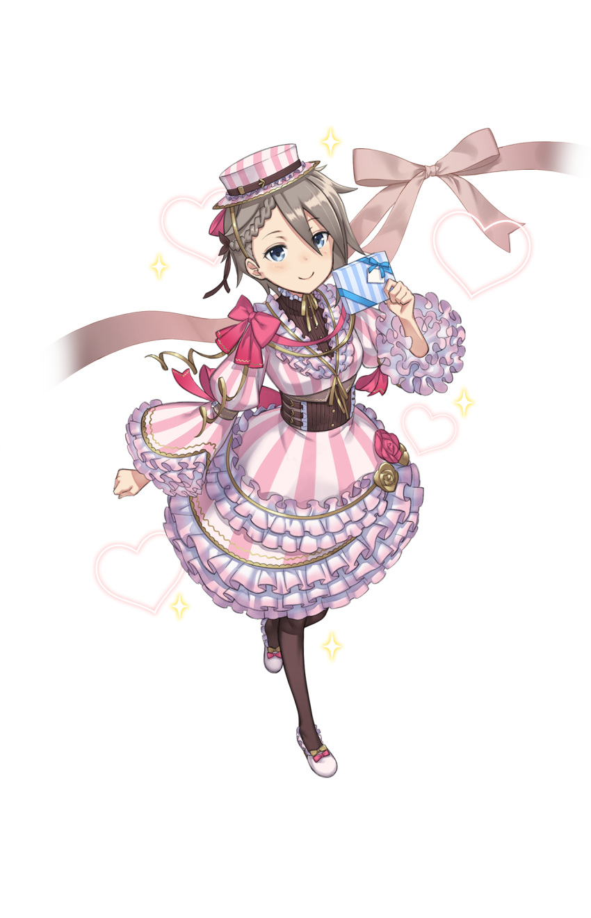 1girl ange_(princess_principal) asymmetrical_hair black_legwear blue_eyes blush bow braid clenched_hand dress full_body gift grey_hair hat hat_belt heart highres looking_at_viewer official_art pantyhose pink_bow pink_dress pink_hat pink_ribbon princess_principal princess_principal_game_of_mission ribbon solo standing striped striped_dress striped_hat white_footwear