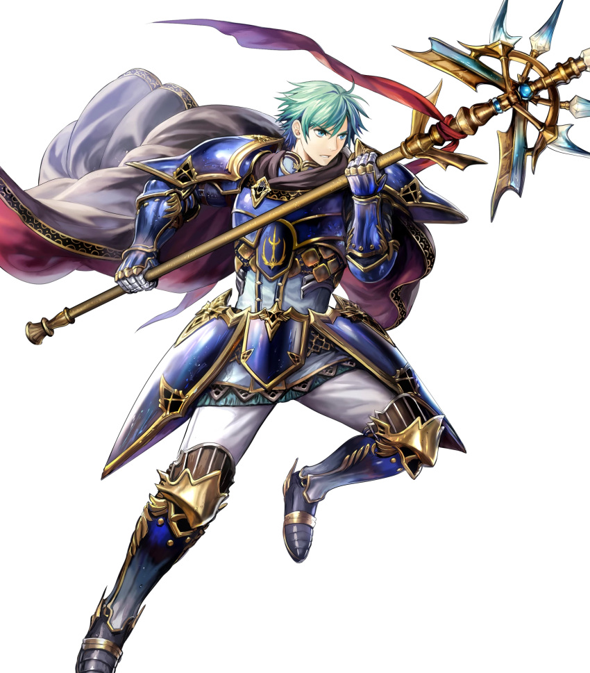 1boy armor armored_boots bangs blue_eyes boots cape elbow_pads ephraim fire_emblem fire_emblem:_seima_no_kouseki fire_emblem_heroes full_body gauntlets green_hair highres holding holding_weapon looking_away male_focus mayachise official_art pants parted_lips polearm short_hair shoulder_armor shoulder_pads solo transparent_background weapon